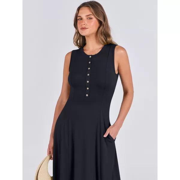 imageANRABESS Women Summer Sleeveless Button Round Neck Fit  Flare ALine Casual Maxi Dresses with PocketsNavy Blue