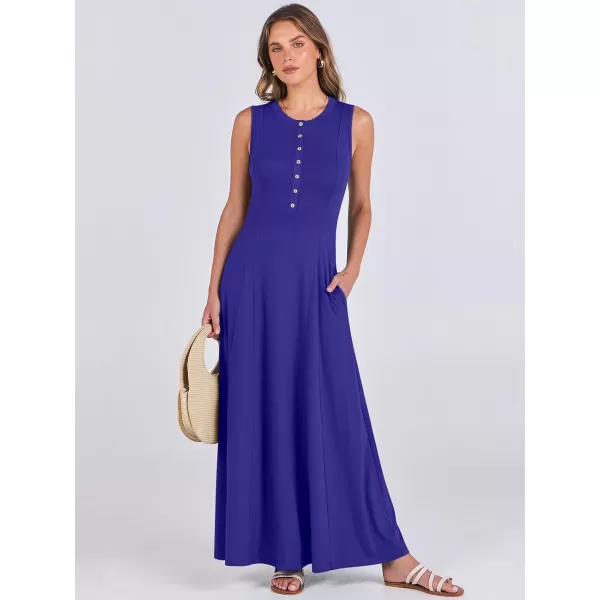 imageANRABESS Women Summer Sleeveless Button Round Neck Fit  Flare ALine Casual Maxi Dresses with PocketsRoyal Blue
