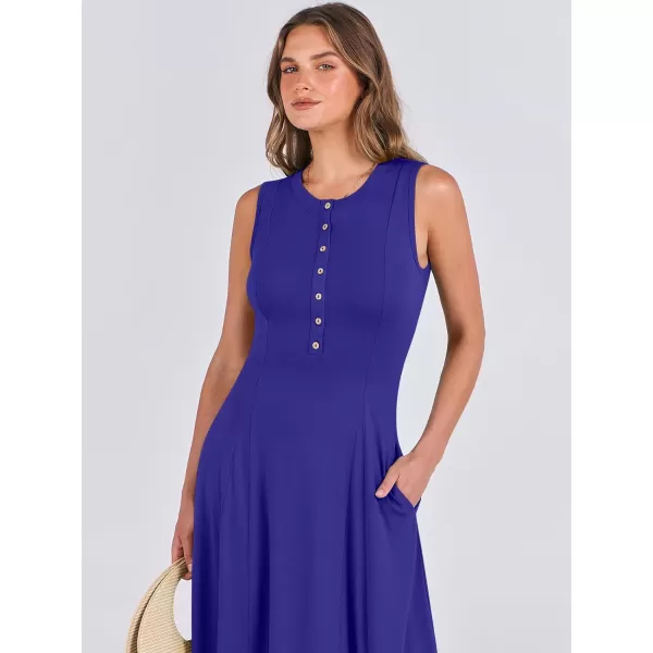 imageANRABESS Women Summer Sleeveless Button Round Neck Fit  Flare ALine Casual Maxi Dresses with PocketsRoyal Blue