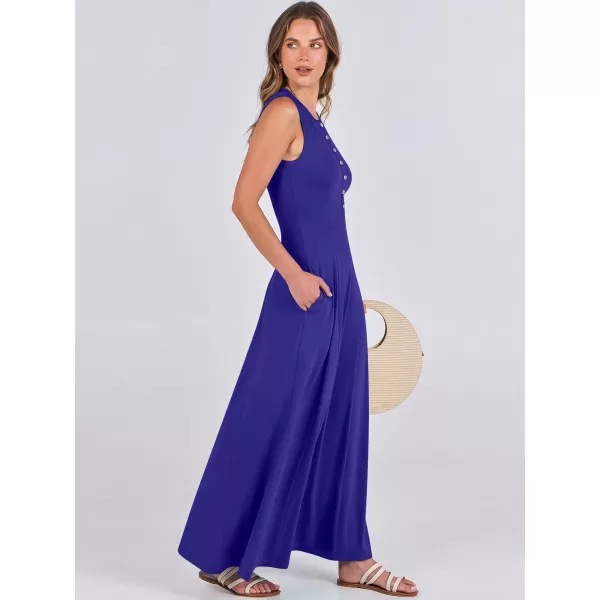 imageANRABESS Women Summer Sleeveless Button Round Neck Fit  Flare ALine Casual Maxi Dresses with PocketsRoyal Blue