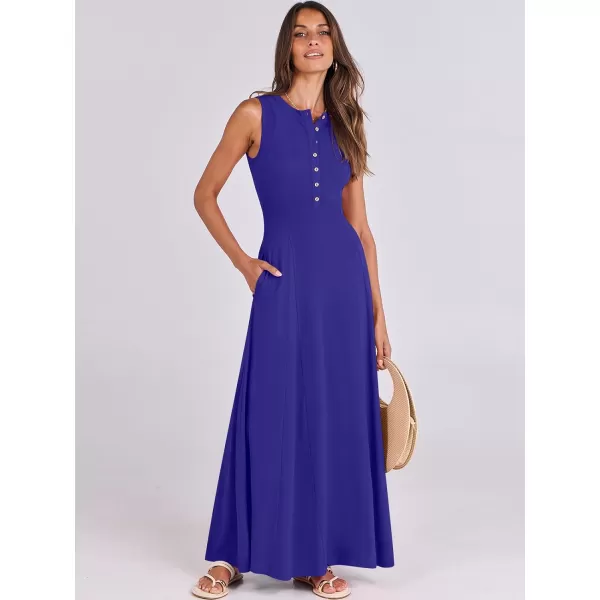 imageANRABESS Women Summer Sleeveless Button Round Neck Fit  Flare ALine Casual Maxi Dresses with PocketsRoyal Blue