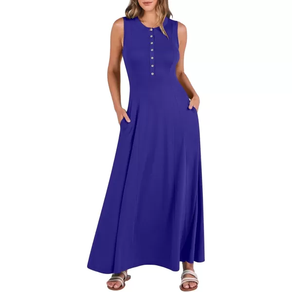 imageANRABESS Women Summer Sleeveless Button Round Neck Fit  Flare ALine Casual Maxi Dresses with PocketsRoyal Blue
