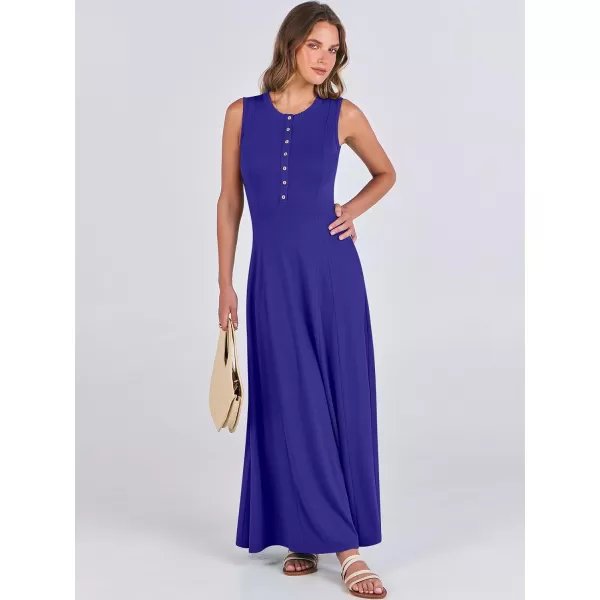 imageANRABESS Women Summer Sleeveless Button Round Neck Fit  Flare ALine Casual Maxi Dresses with PocketsRoyal Blue