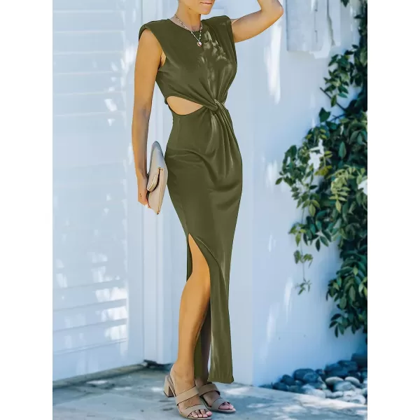 imageANRABESS Women Summer Sleeveless Padded Shoulder Sexy Cutout Waist Bodycon Formal Party Maxi Dress with Slit for Cruise BeachArmy Green