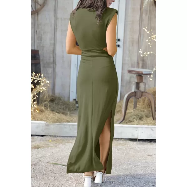 imageANRABESS Women Summer Sleeveless Padded Shoulder Sexy Cutout Waist Bodycon Formal Party Maxi Dress with Slit for Cruise BeachArmy Green