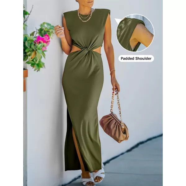 imageANRABESS Women Summer Sleeveless Padded Shoulder Sexy Cutout Waist Bodycon Formal Party Maxi Dress with Slit for Cruise BeachArmy Green