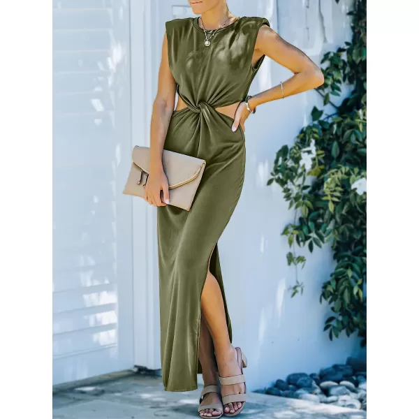 imageANRABESS Women Summer Sleeveless Padded Shoulder Sexy Cutout Waist Bodycon Formal Party Maxi Dress with Slit for Cruise BeachArmy Green