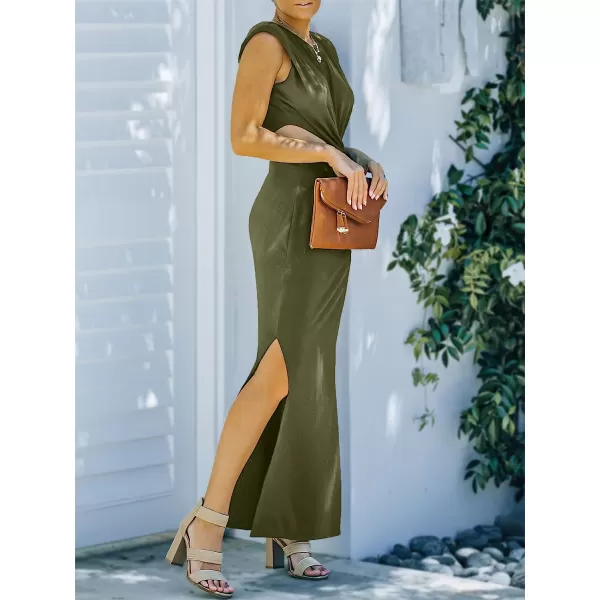 imageANRABESS Women Summer Sleeveless Padded Shoulder Sexy Cutout Waist Bodycon Formal Party Maxi Dress with Slit for Cruise BeachArmy Green