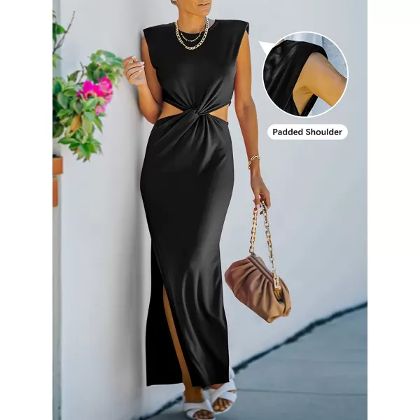 imageANRABESS Women Summer Sleeveless Padded Shoulder Sexy Cutout Waist Bodycon Formal Party Maxi Dress with Slit for Cruise BeachBlack