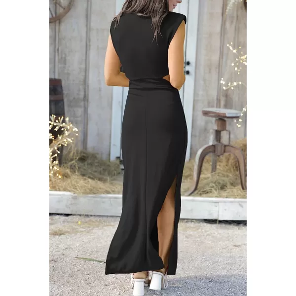 imageANRABESS Women Summer Sleeveless Padded Shoulder Sexy Cutout Waist Bodycon Formal Party Maxi Dress with Slit for Cruise BeachBlack