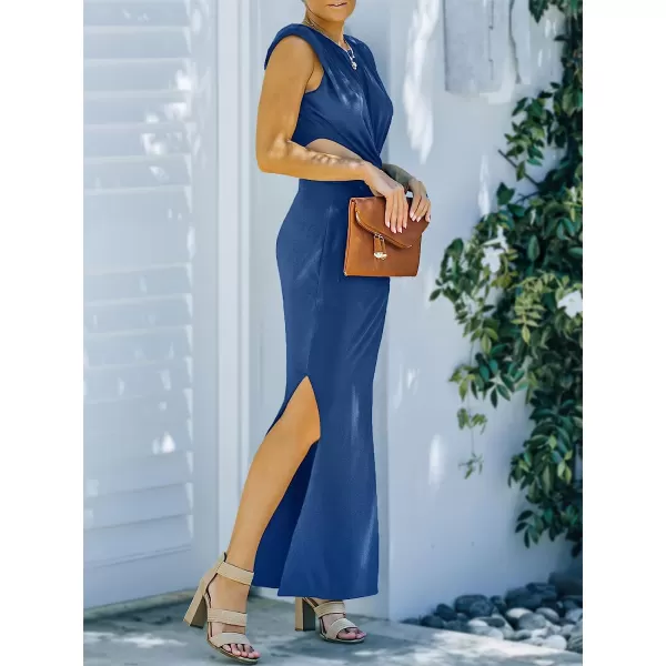 imageANRABESS Women Summer Sleeveless Padded Shoulder Sexy Cutout Waist Bodycon Formal Party Maxi Dress with Slit for Cruise BeachBlue