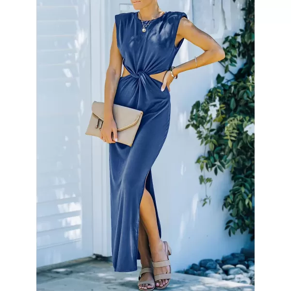 imageANRABESS Women Summer Sleeveless Padded Shoulder Sexy Cutout Waist Bodycon Formal Party Maxi Dress with Slit for Cruise BeachBlue