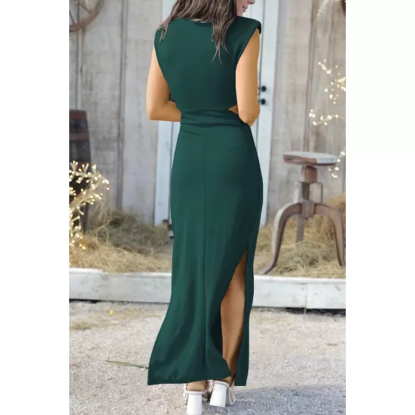 imageANRABESS Women Summer Sleeveless Padded Shoulder Sexy Cutout Waist Bodycon Formal Party Maxi Dress with Slit for Cruise BeachDark Green