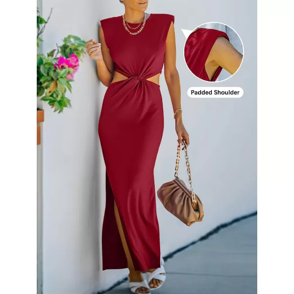 imageANRABESS Women Summer Sleeveless Padded Shoulder Sexy Cutout Waist Bodycon Formal Party Maxi Dress with Slit for Cruise BeachDark Red