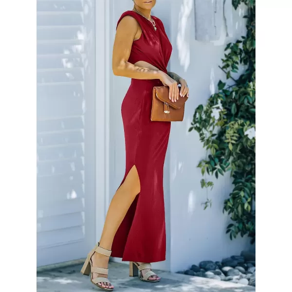 imageANRABESS Women Summer Sleeveless Padded Shoulder Sexy Cutout Waist Bodycon Formal Party Maxi Dress with Slit for Cruise BeachDark Red