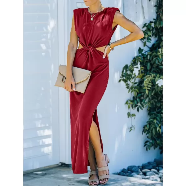 imageANRABESS Women Summer Sleeveless Padded Shoulder Sexy Cutout Waist Bodycon Formal Party Maxi Dress with Slit for Cruise BeachDark Red