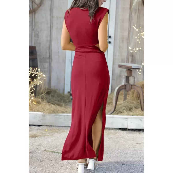 imageANRABESS Women Summer Sleeveless Padded Shoulder Sexy Cutout Waist Bodycon Formal Party Maxi Dress with Slit for Cruise BeachDark Red