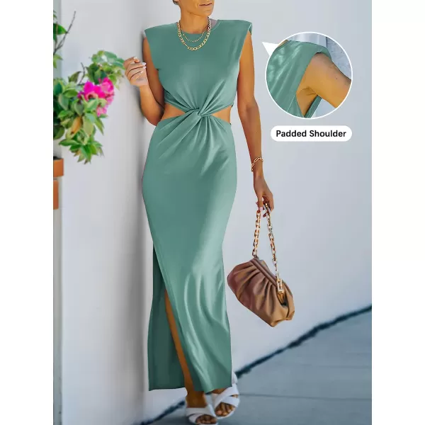imageANRABESS Women Summer Sleeveless Padded Shoulder Sexy Cutout Waist Bodycon Formal Party Maxi Dress with Slit for Cruise BeachGreen