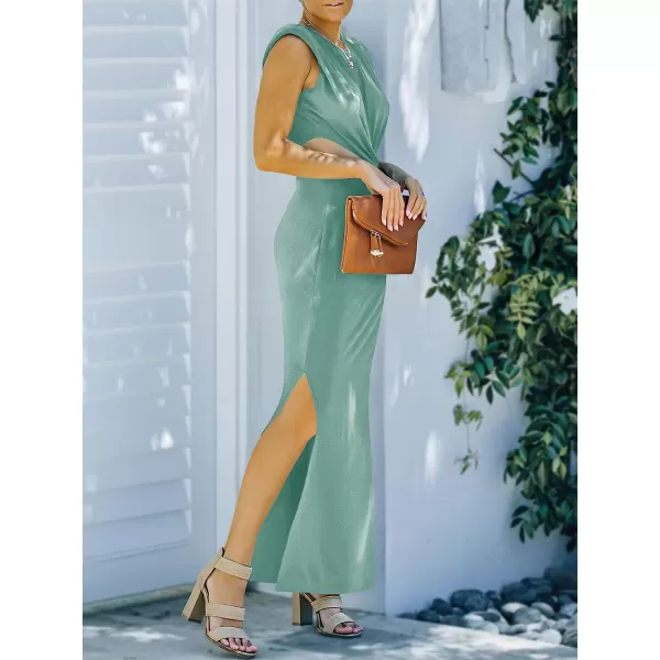 imageANRABESS Women Summer Sleeveless Padded Shoulder Sexy Cutout Waist Bodycon Formal Party Maxi Dress with Slit for Cruise BeachGreen