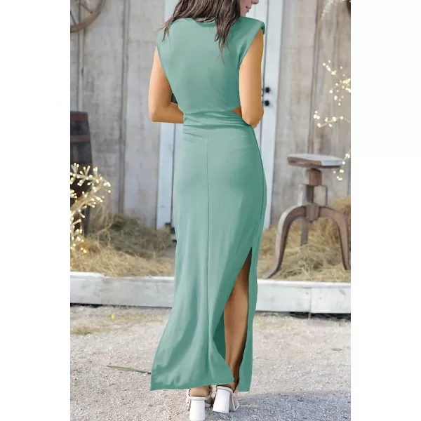 imageANRABESS Women Summer Sleeveless Padded Shoulder Sexy Cutout Waist Bodycon Formal Party Maxi Dress with Slit for Cruise BeachGreen