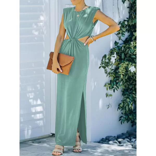 imageANRABESS Women Summer Sleeveless Padded Shoulder Sexy Cutout Waist Bodycon Formal Party Maxi Dress with Slit for Cruise BeachGreen