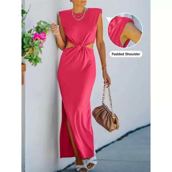 imageANRABESS Women Summer Sleeveless Padded Shoulder Sexy Cutout Waist Bodycon Formal Party Maxi Dress with Slit for Cruise BeachHot Pink