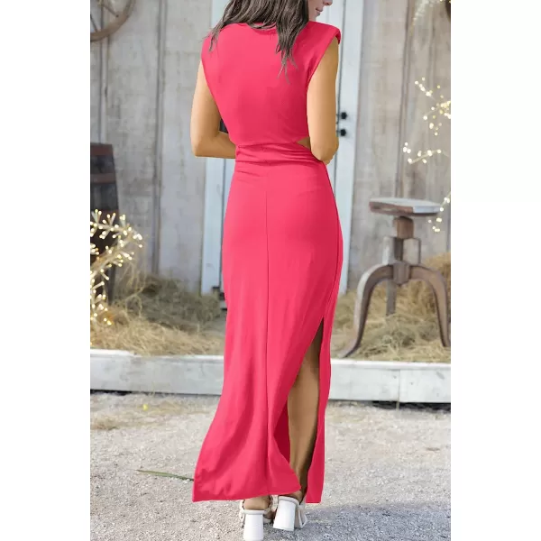imageANRABESS Women Summer Sleeveless Padded Shoulder Sexy Cutout Waist Bodycon Formal Party Maxi Dress with Slit for Cruise BeachHot Pink
