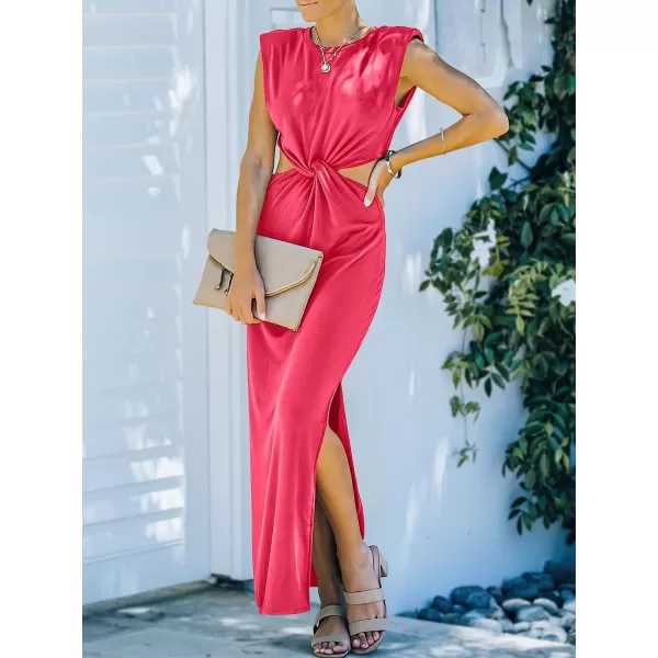 imageANRABESS Women Summer Sleeveless Padded Shoulder Sexy Cutout Waist Bodycon Formal Party Maxi Dress with Slit for Cruise BeachHot Pink