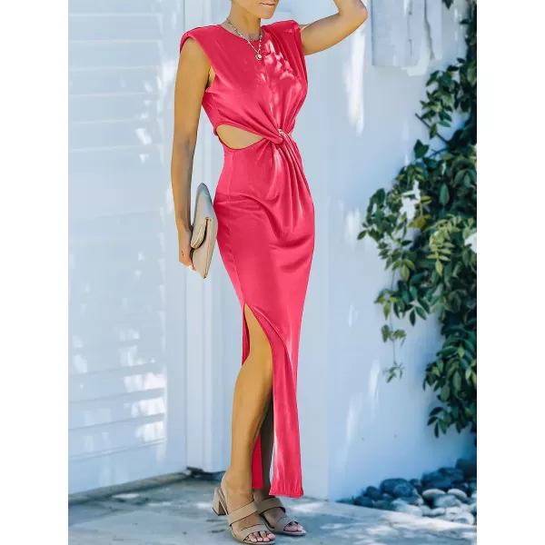imageANRABESS Women Summer Sleeveless Padded Shoulder Sexy Cutout Waist Bodycon Formal Party Maxi Dress with Slit for Cruise BeachHot Pink