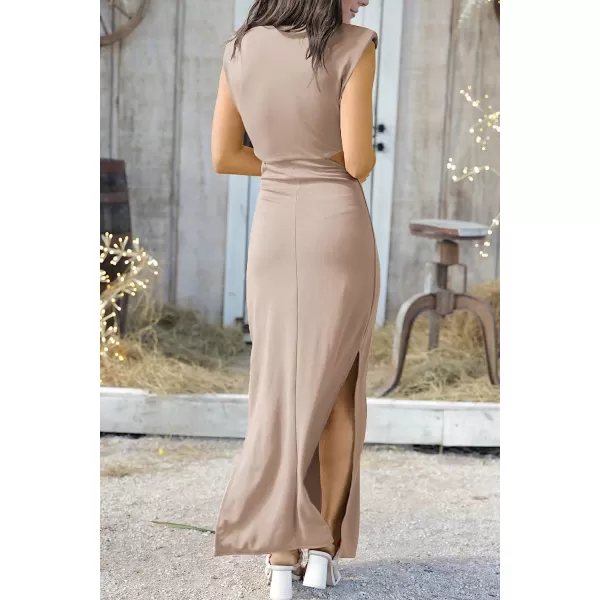 imageANRABESS Women Summer Sleeveless Padded Shoulder Sexy Cutout Waist Bodycon Formal Party Maxi Dress with Slit for Cruise BeachKhaki