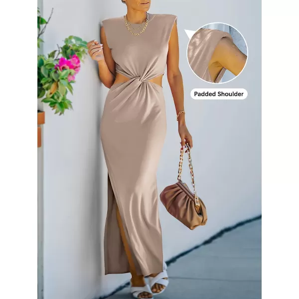 imageANRABESS Women Summer Sleeveless Padded Shoulder Sexy Cutout Waist Bodycon Formal Party Maxi Dress with Slit for Cruise BeachKhaki