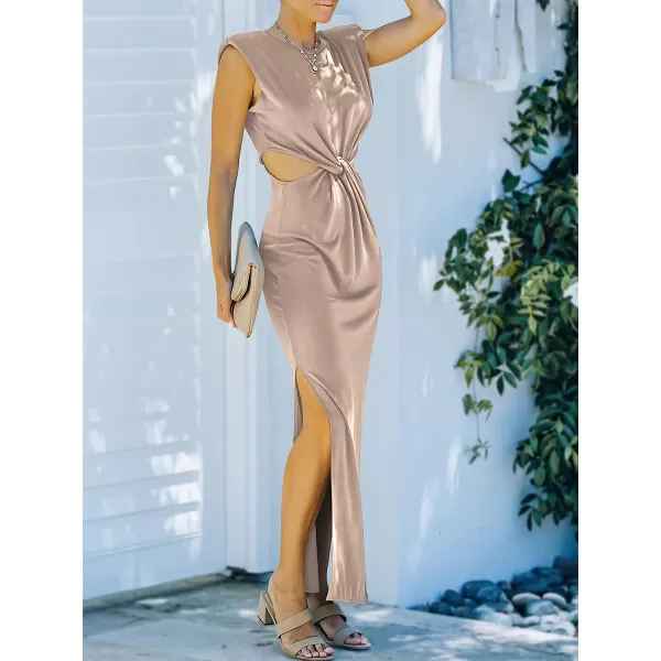 imageANRABESS Women Summer Sleeveless Padded Shoulder Sexy Cutout Waist Bodycon Formal Party Maxi Dress with Slit for Cruise BeachKhaki