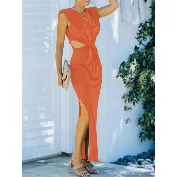 imageANRABESS Women Summer Sleeveless Padded Shoulder Sexy Cutout Waist Bodycon Formal Party Maxi Dress with Slit for Cruise BeachOrange
