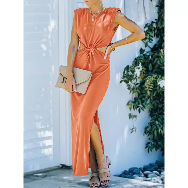 imageANRABESS Women Summer Sleeveless Padded Shoulder Sexy Cutout Waist Bodycon Formal Party Maxi Dress with Slit for Cruise BeachOrange