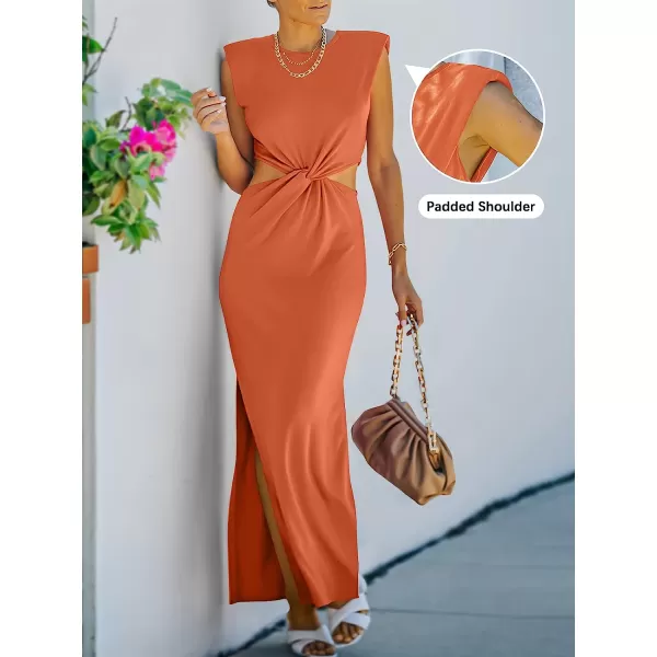 imageANRABESS Women Summer Sleeveless Padded Shoulder Sexy Cutout Waist Bodycon Formal Party Maxi Dress with Slit for Cruise BeachOrange