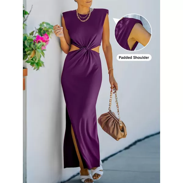 imageANRABESS Women Summer Sleeveless Padded Shoulder Sexy Cutout Waist Bodycon Formal Party Maxi Dress with Slit for Cruise BeachPurple
