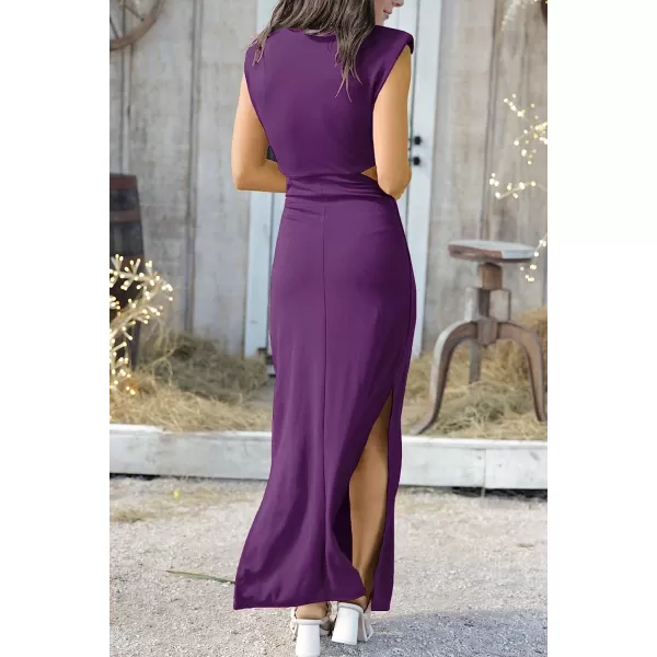 imageANRABESS Women Summer Sleeveless Padded Shoulder Sexy Cutout Waist Bodycon Formal Party Maxi Dress with Slit for Cruise BeachPurple