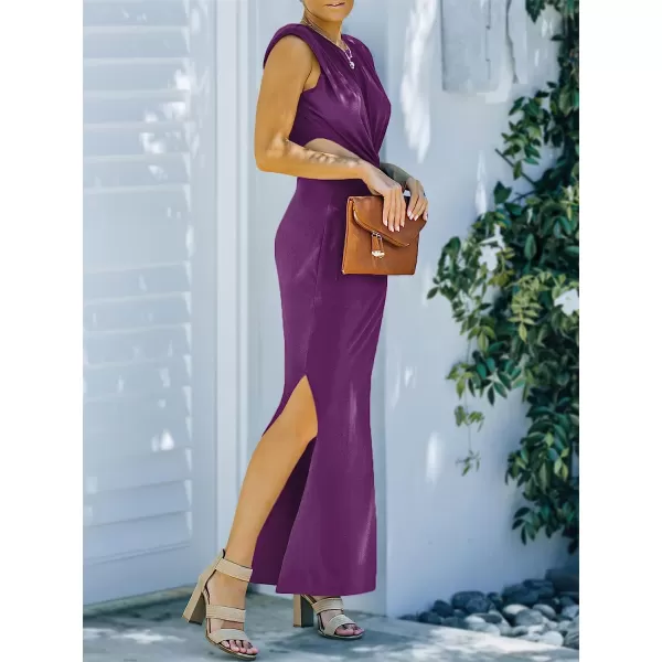 imageANRABESS Women Summer Sleeveless Padded Shoulder Sexy Cutout Waist Bodycon Formal Party Maxi Dress with Slit for Cruise BeachPurple