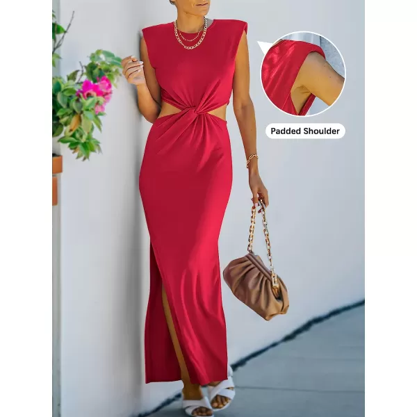 imageANRABESS Women Summer Sleeveless Padded Shoulder Sexy Cutout Waist Bodycon Formal Party Maxi Dress with Slit for Cruise BeachRed