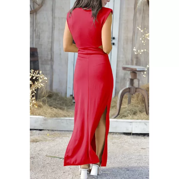 imageANRABESS Women Summer Sleeveless Padded Shoulder Sexy Cutout Waist Bodycon Formal Party Maxi Dress with Slit for Cruise BeachRed