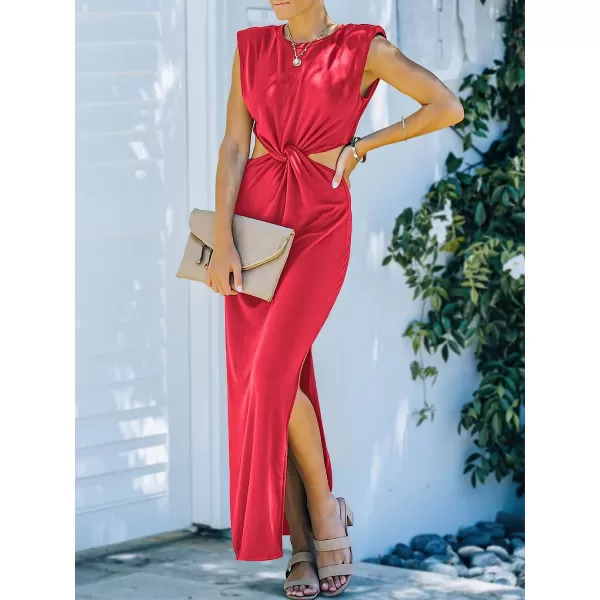 imageANRABESS Women Summer Sleeveless Padded Shoulder Sexy Cutout Waist Bodycon Formal Party Maxi Dress with Slit for Cruise BeachRed