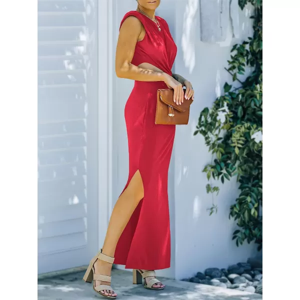 imageANRABESS Women Summer Sleeveless Padded Shoulder Sexy Cutout Waist Bodycon Formal Party Maxi Dress with Slit for Cruise BeachRed
