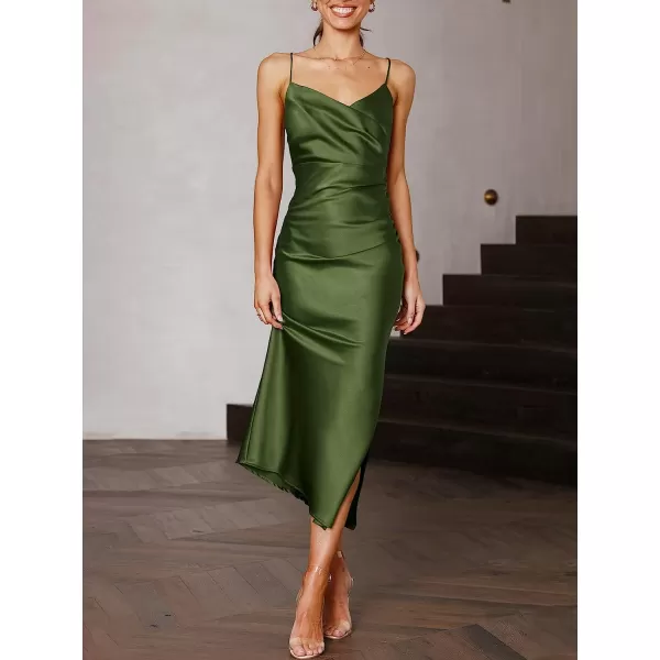imageANRABESS Women Summer Spaghetti Strap Wrap V Neck Ruched Bodycon Satin Slit Cocktail Prom Formal DressesArmy Green