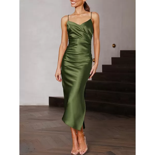 imageANRABESS Women Summer Spaghetti Strap Wrap V Neck Ruched Bodycon Satin Slit Cocktail Prom Formal DressesArmy Green