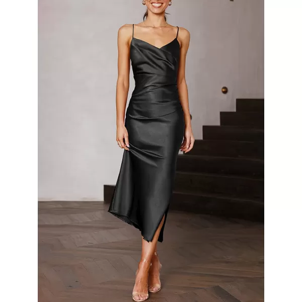 imageANRABESS Women Summer Spaghetti Strap Wrap V Neck Ruched Bodycon Satin Slit Cocktail Prom Formal DressesBlack