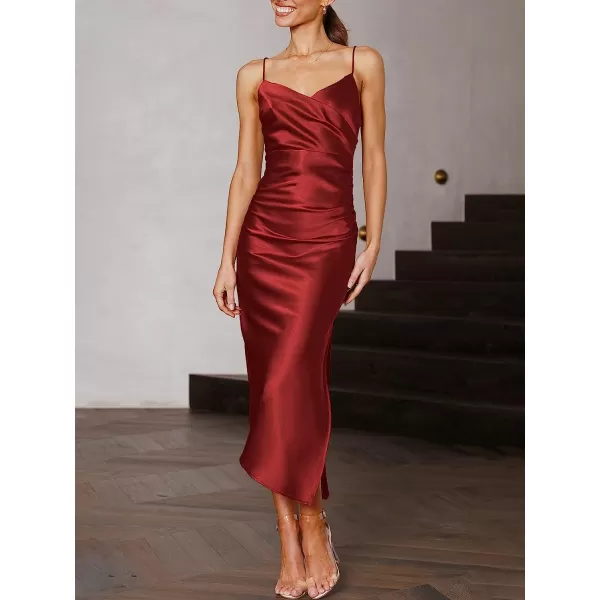 imageANRABESS Women Summer Spaghetti Strap Wrap V Neck Ruched Bodycon Satin Slit Cocktail Prom Formal DressesRed