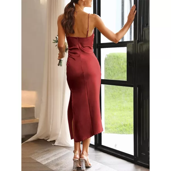 imageANRABESS Women Summer Spaghetti Strap Wrap V Neck Ruched Bodycon Satin Slit Cocktail Prom Formal DressesRed