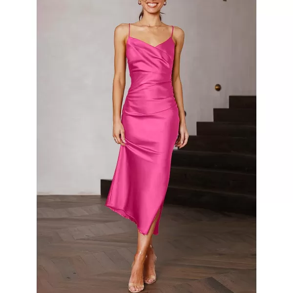 imageANRABESS Women Summer Spaghetti Strap Wrap V Neck Ruched Bodycon Satin Slit Cocktail Prom Formal DressesRose