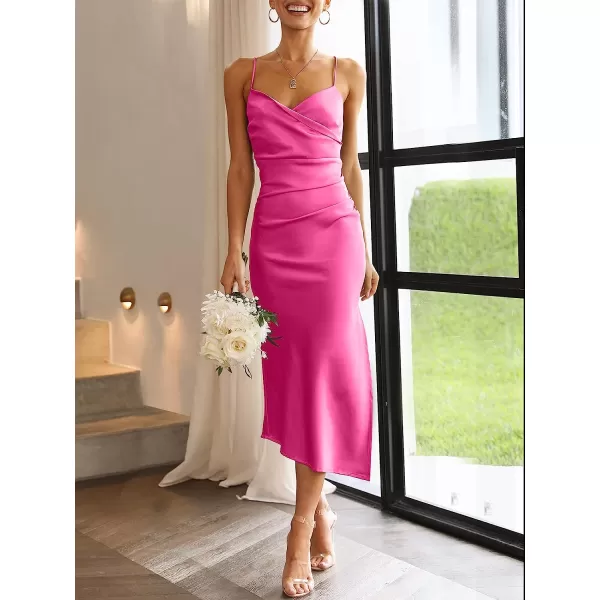 imageANRABESS Women Summer Spaghetti Strap Wrap V Neck Ruched Bodycon Satin Slit Cocktail Prom Formal DressesRose