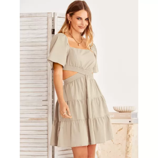 imageANRABESS Women Summer Square Neck Short Sleeve Cutout Crossover Waist Casual Party Tiered ALine Mini DressAlmond